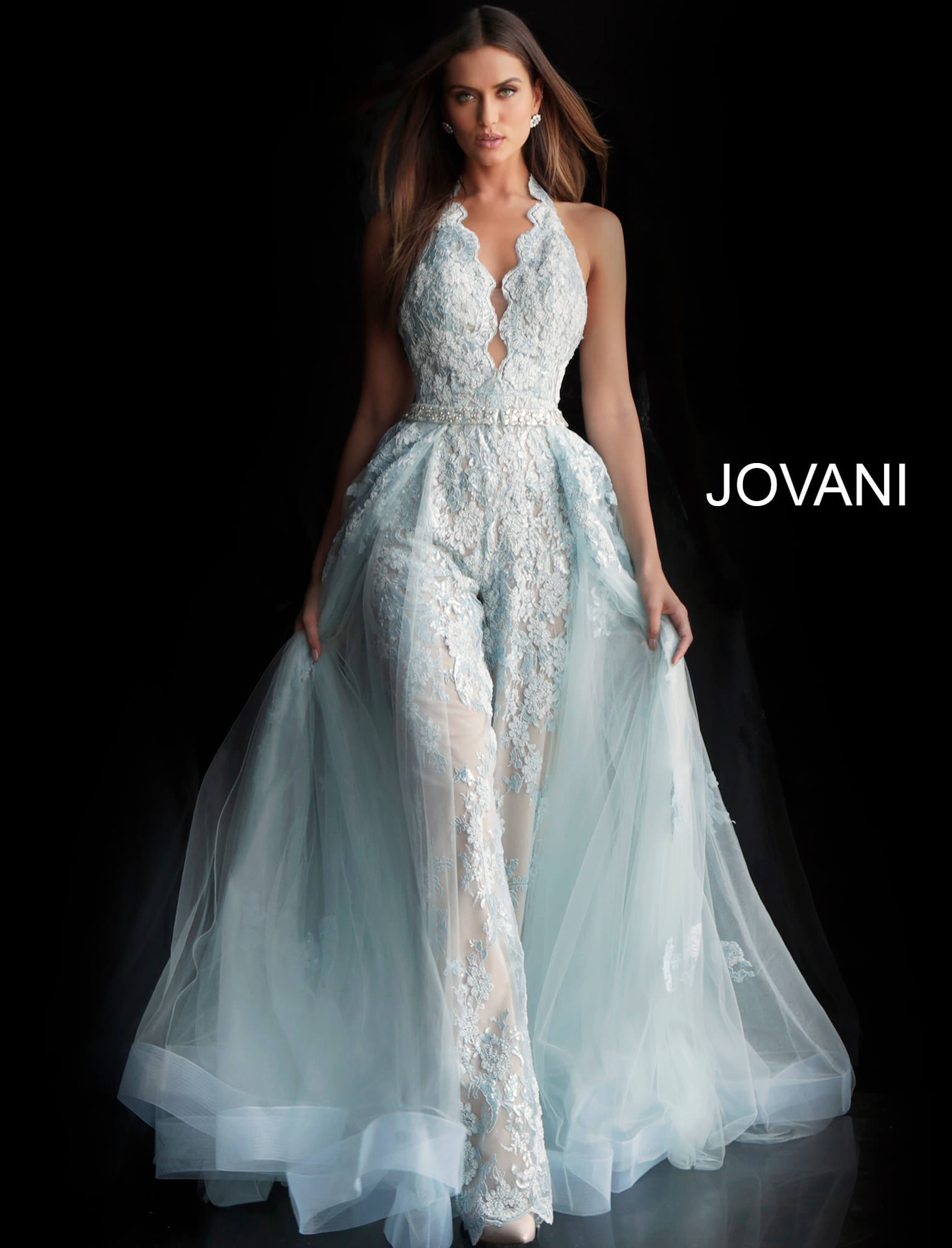 Jovani 60124 | Light Blue Lace Prom Jumpsuit With Over-Skirt